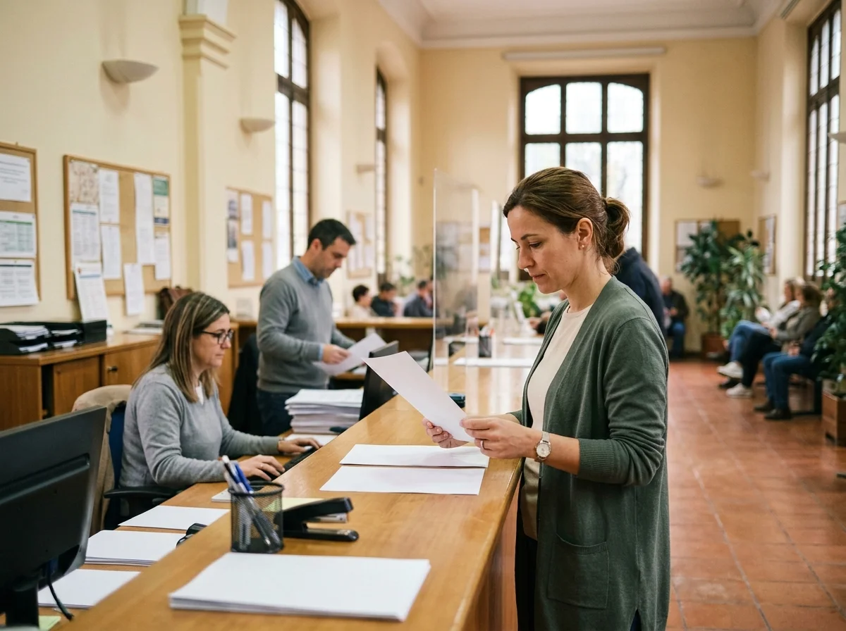 Mostrador de administración local con una mujer leyendo un formulario, dos empleados al fondo en suave desenfoque.