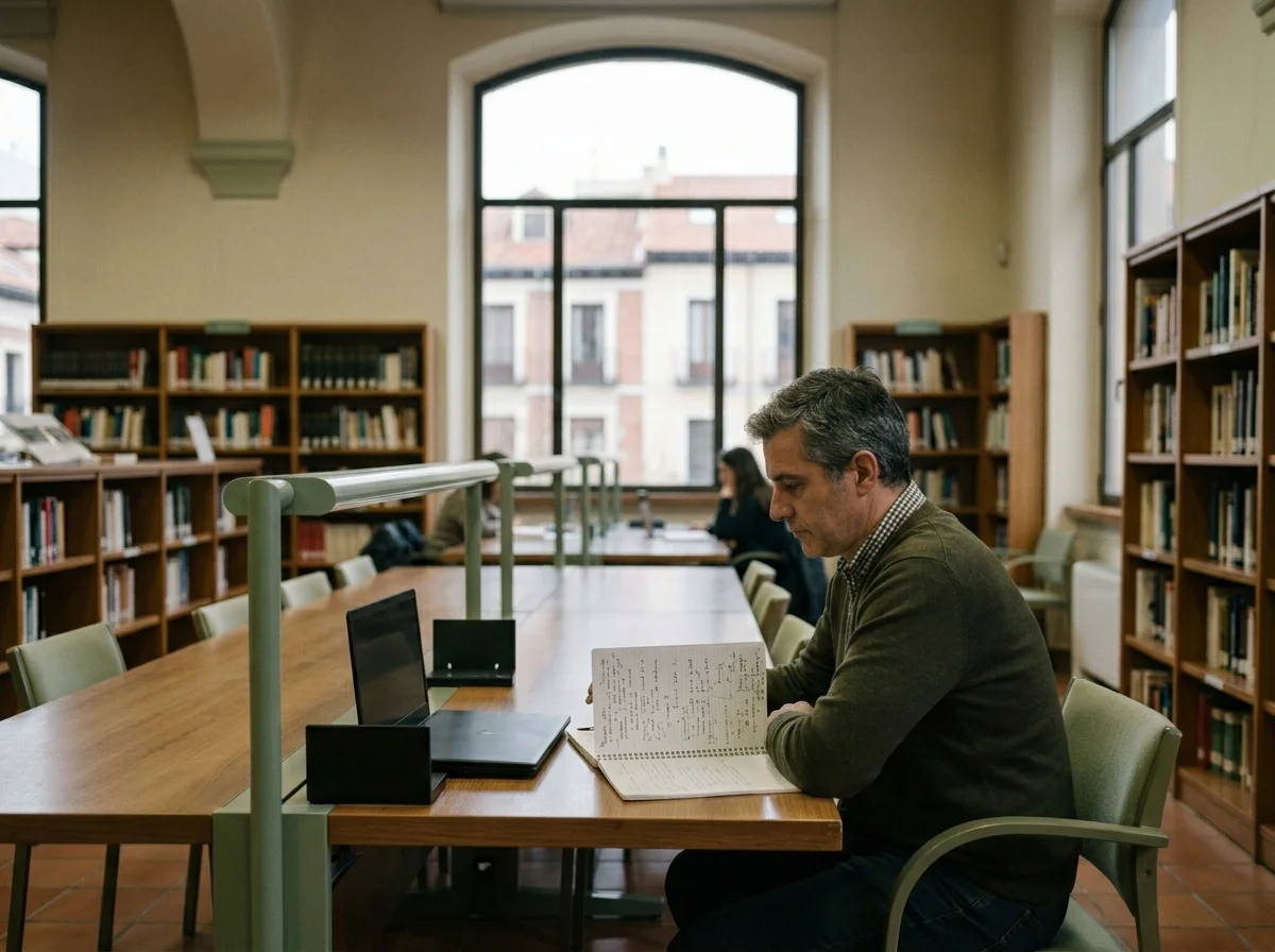 Sala de lectura de biblioteca universitaria con un hombre sentado ante una mesa compartida y estanterías al fondo.