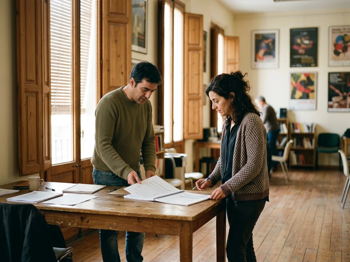 Dos adultos de pie en una sala comunitaria revisando un documento encuadernado sobre una mesa larga, con ventanales con persianas al fondo.
