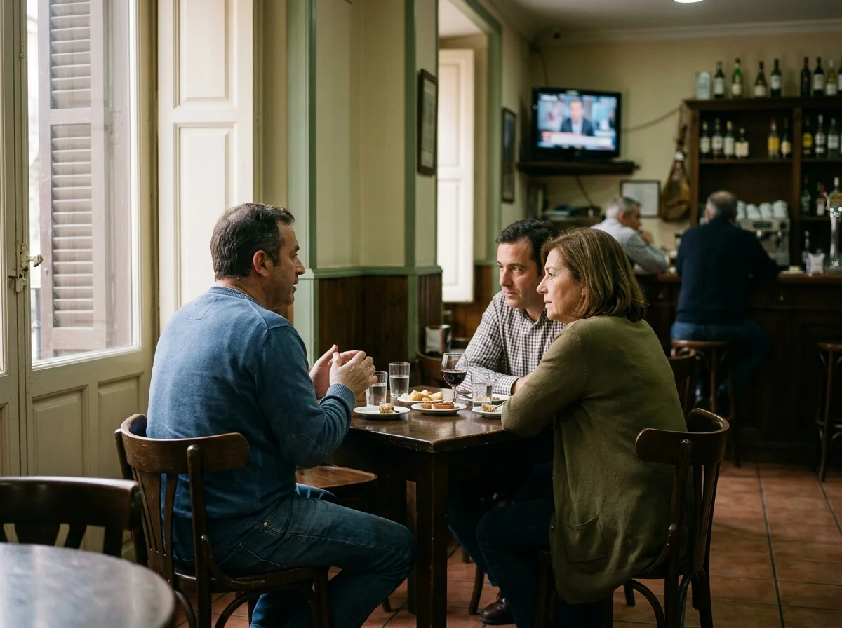 Tres personas conversando inclinadas alrededor de una mesa de rincón en un bar de barrio, con la barra y estanterías desenfocadas al fondo.