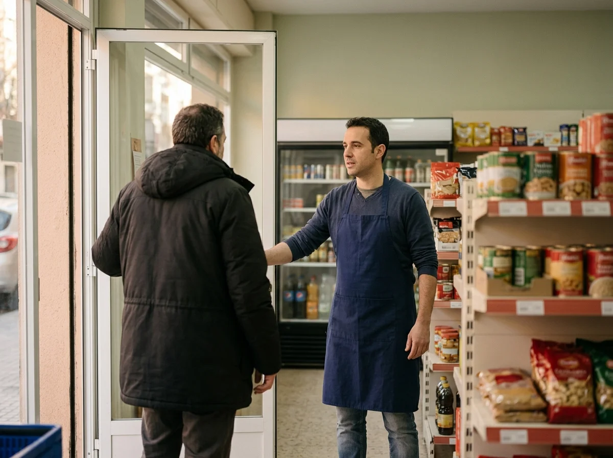 Dependiente con delantal bloqueando la salida de un pequeño supermercado de barrio a un cliente con abrigo.