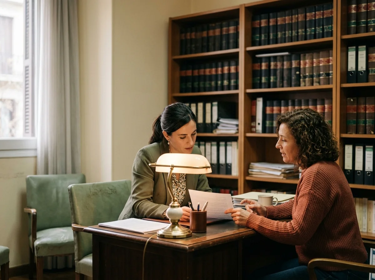 Mujer consultando con una abogada en un despacho con estanterías de libros jurídicos al fondo y documentos extendidos sobre la mesa de madera.