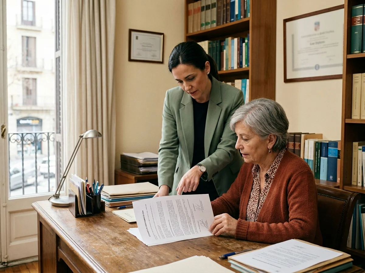 Mujer mayor revisando un formulario en un despacho de abogados, con una abogada de pie a su lado señalando un párrafo del documento.