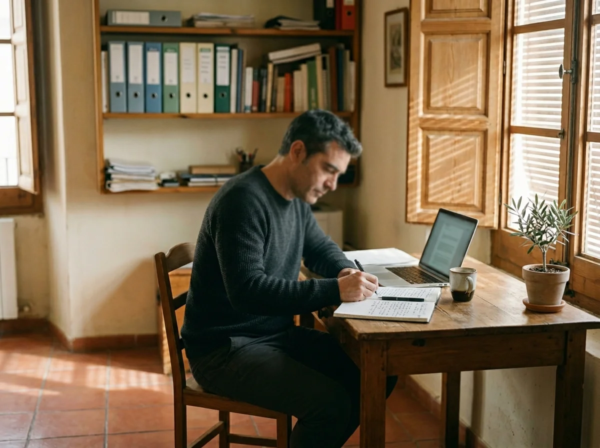 Hombre tomando notas en un cuaderno frente a un portátil en el despacho de una vivienda con luz tamizada.