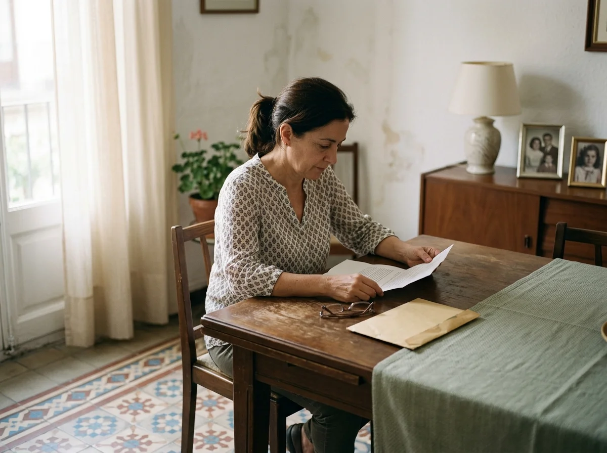 Mujer leyendo una carta apoyada en la mesa del comedor de un piso con suelo hidráulico y cortinas claras.