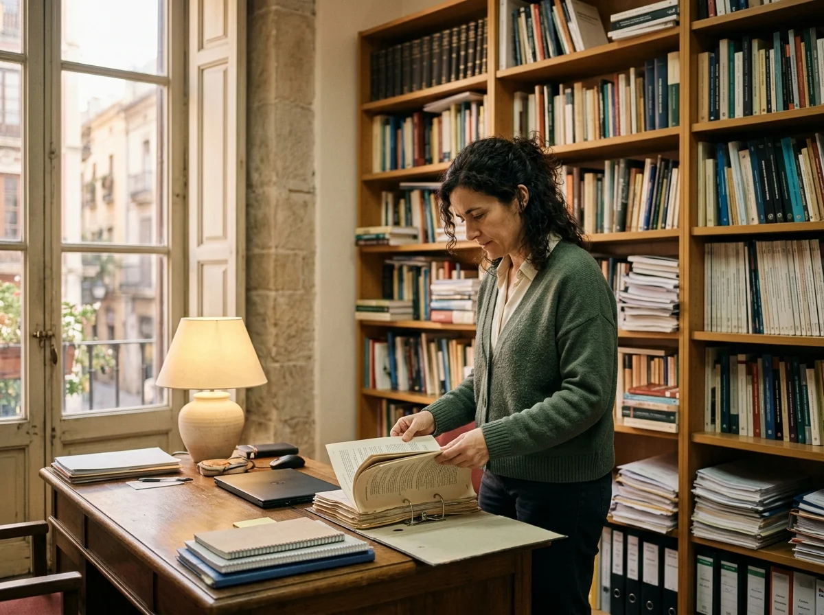 Mujer adulta de pie revisando documentación académica en su despacho universitario con estanterías de libros al fondo.