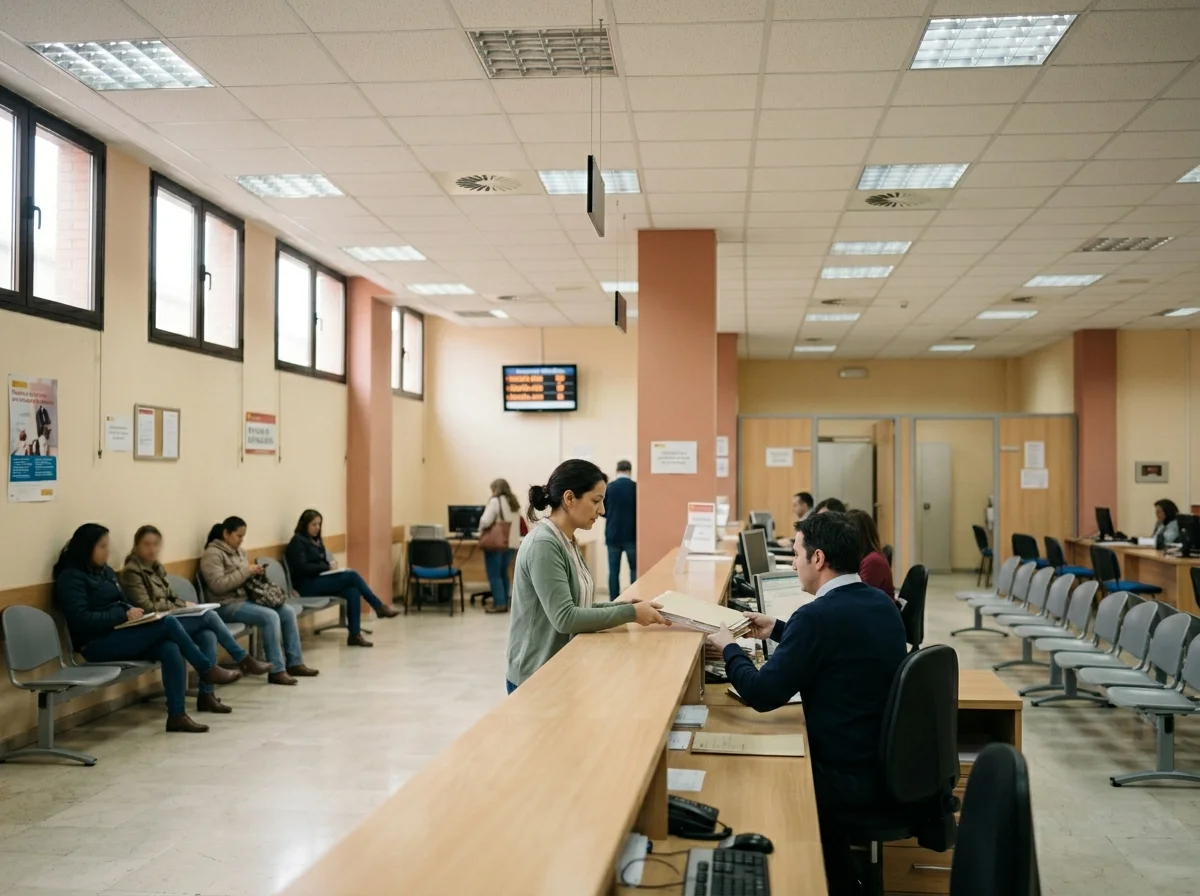 Mujer joven en el mostrador de una oficina administrativa española entregando una carpeta de documentos a un funcionario.