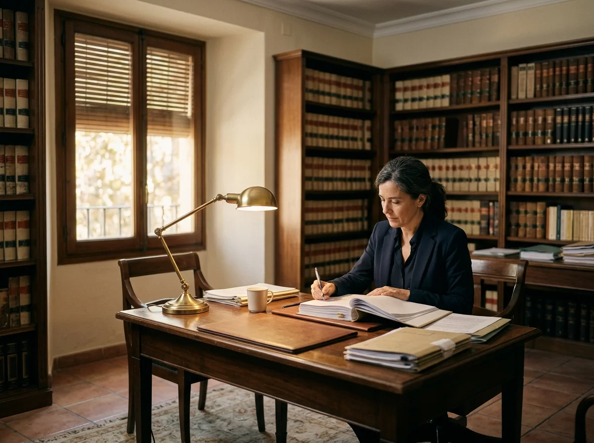 Abogado revisando documentos legales sobre un escritorio de madera en un despacho jurídico, con estanterías de libros desenfocadas al fondo.