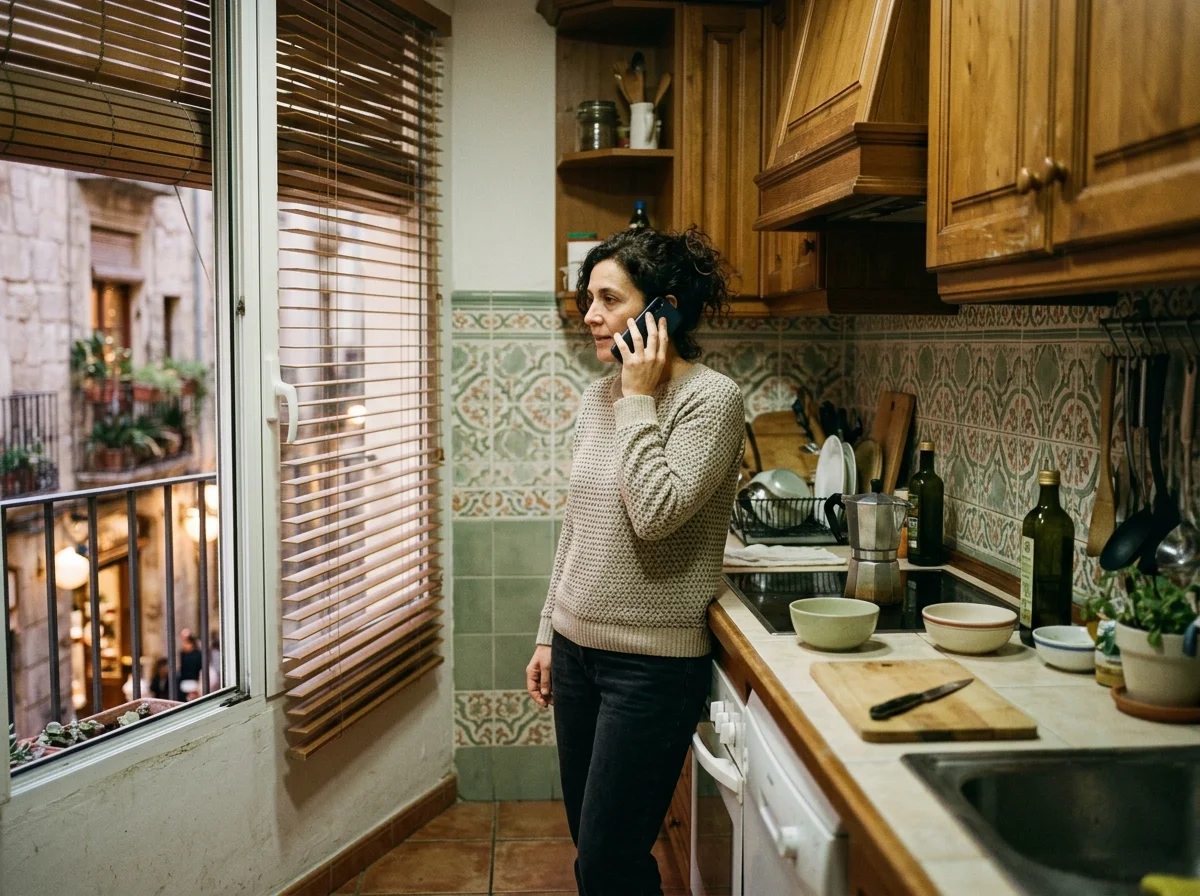 Mujer de pie en la cocina de un piso español hablando por teléfono mientras mira por la ventana hacia la calle al anochecer.