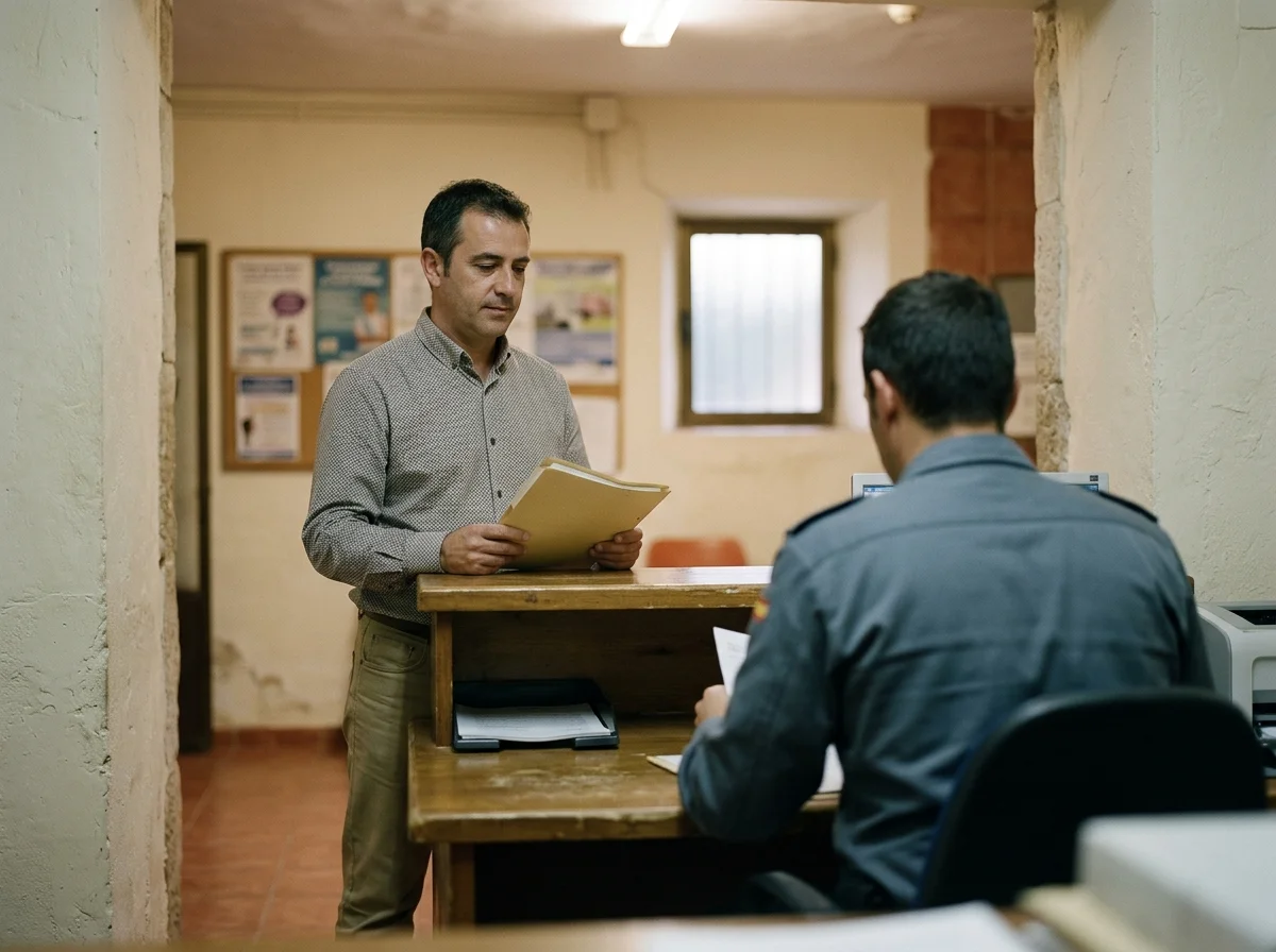 Hombre con una carpeta de pie ante un mostrador en una pequeña oficina rural española, atendido por una persona de espaldas en uniforme genérico.