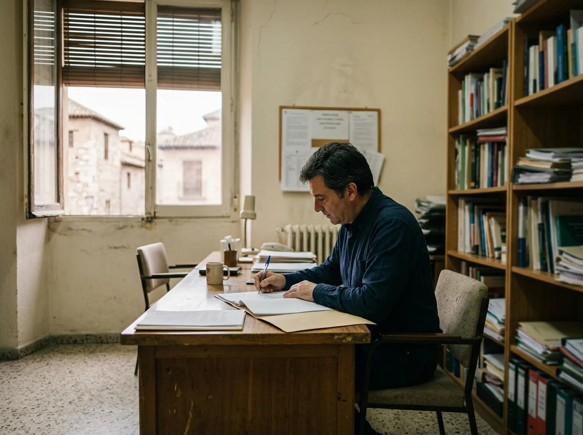 Hombre con camisa oscura sentado a una mesa de despacho escribiendo en un papel junto a una carpeta abierta en una oficina administrativa española.