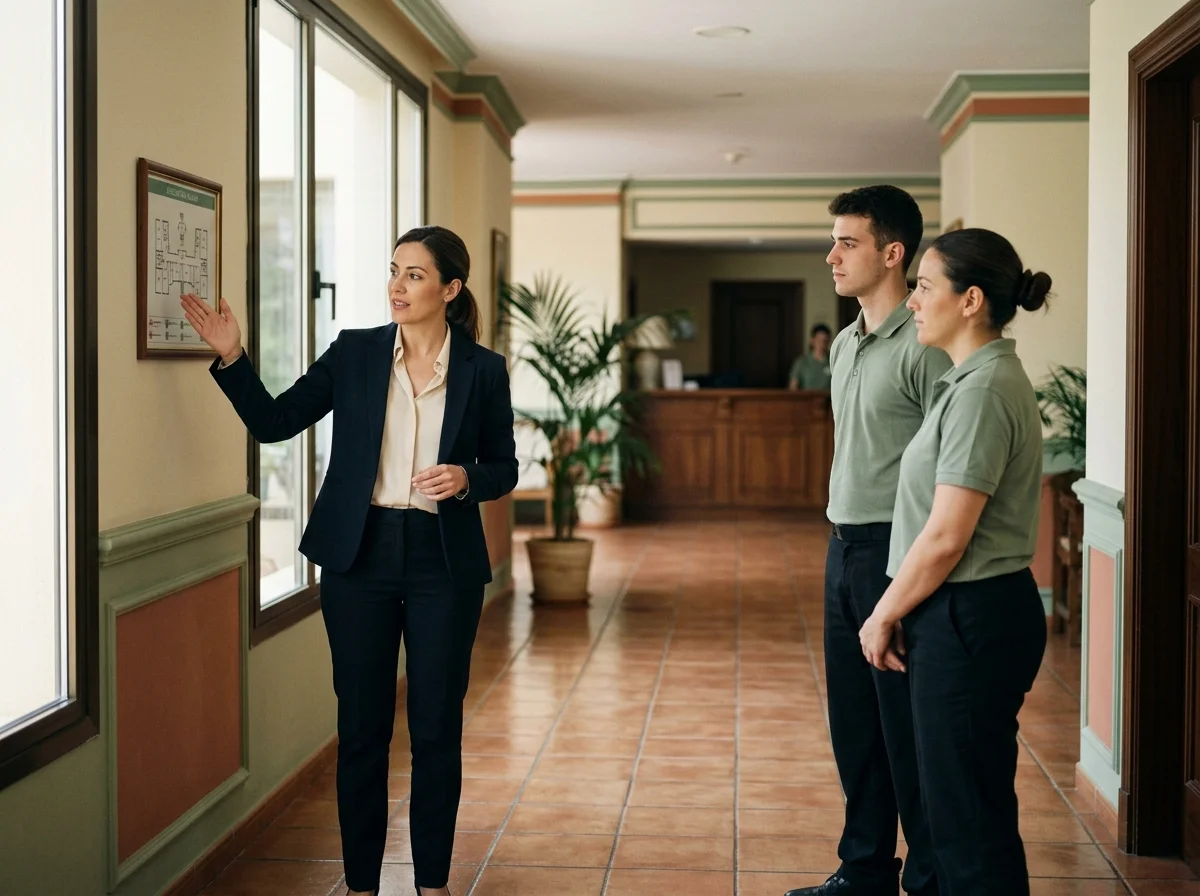 Directora de hotel explicando un plano de evacuación a dos miembros del personal en el pasillo del establecimiento.