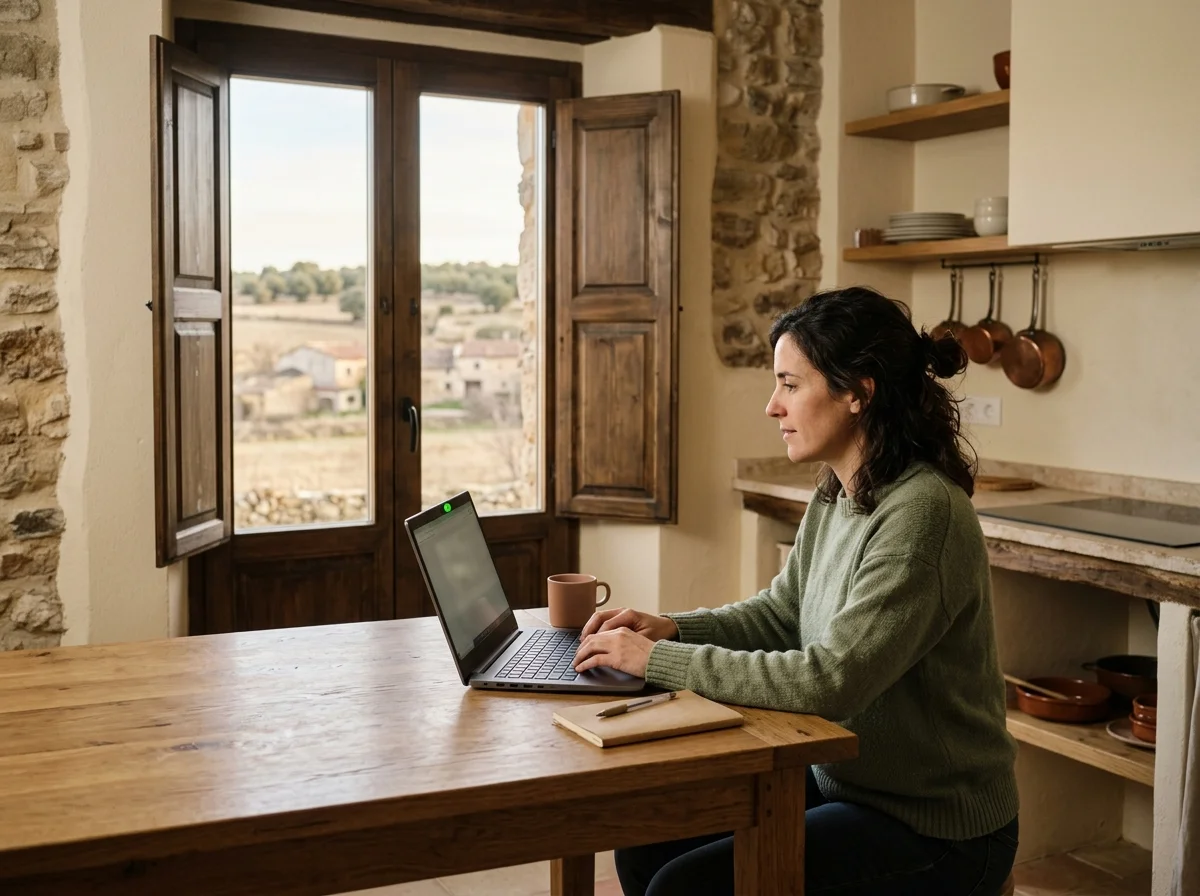 Mujer joven sentada con un portátil en la mesa de una cocina rehabilitada de pueblo, con una ventana de contraventanas de madera al fondo.