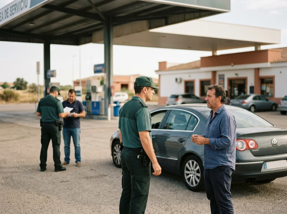 Dos agentes hablan con calma con dos conductores en el aparcamiento de una gasolinera, sin sacar la defensa ni acercarse al arma reglamentaria.
