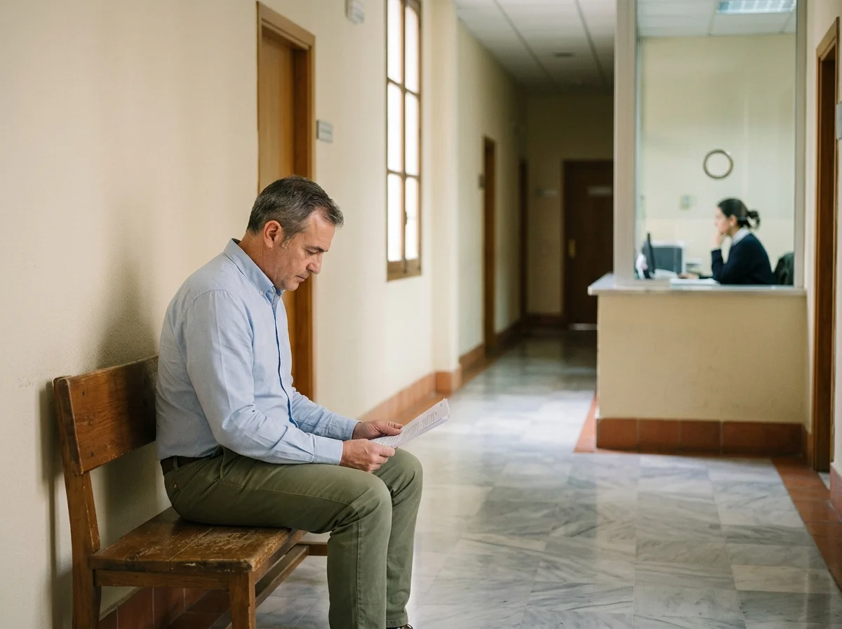 Un hombre adulto espera sentado en un banco del pasillo de una Fiscalía de Menores leyendo un expediente.