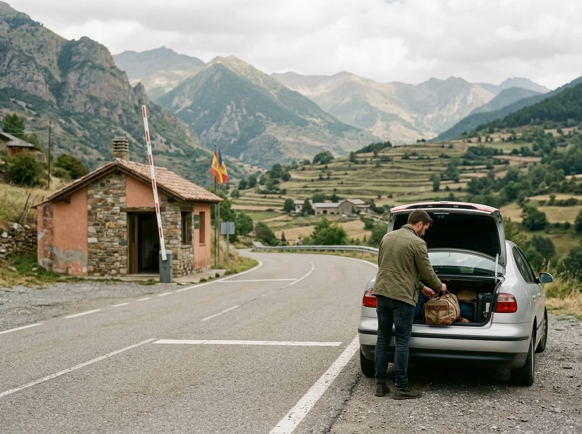 Hombre civil junto al maletero abierto de su coche en un cruce fronterizo de carretera de montaña, valle pirenaico al fondo.